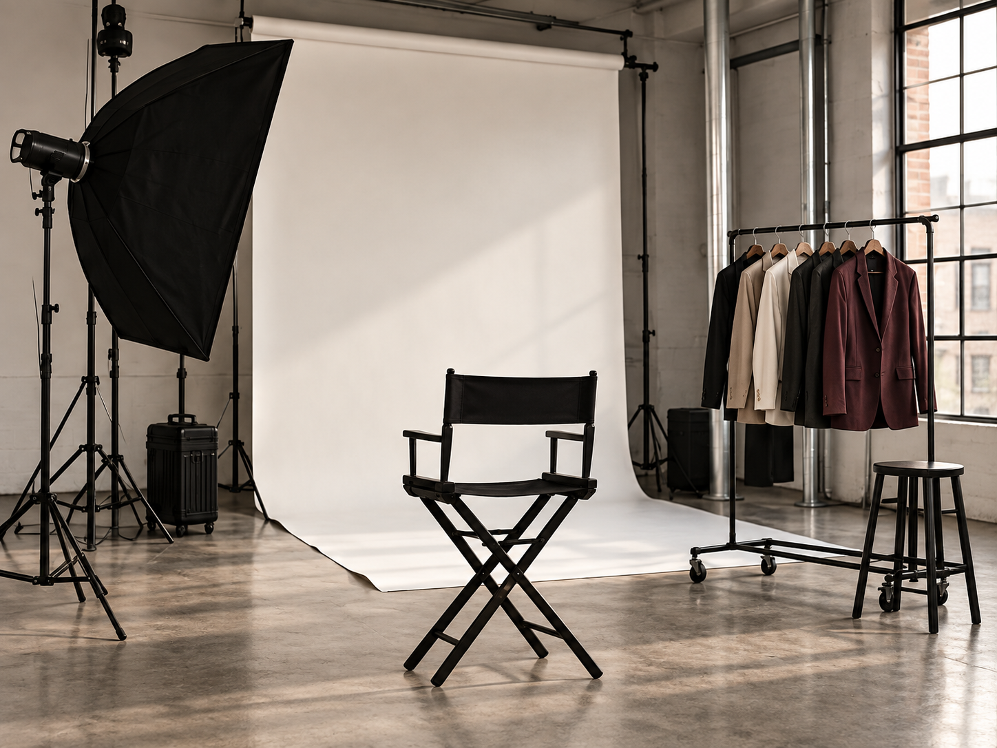 Concept of an empty photography studio with a backdrop, softbox, director chair and wardrobe rack